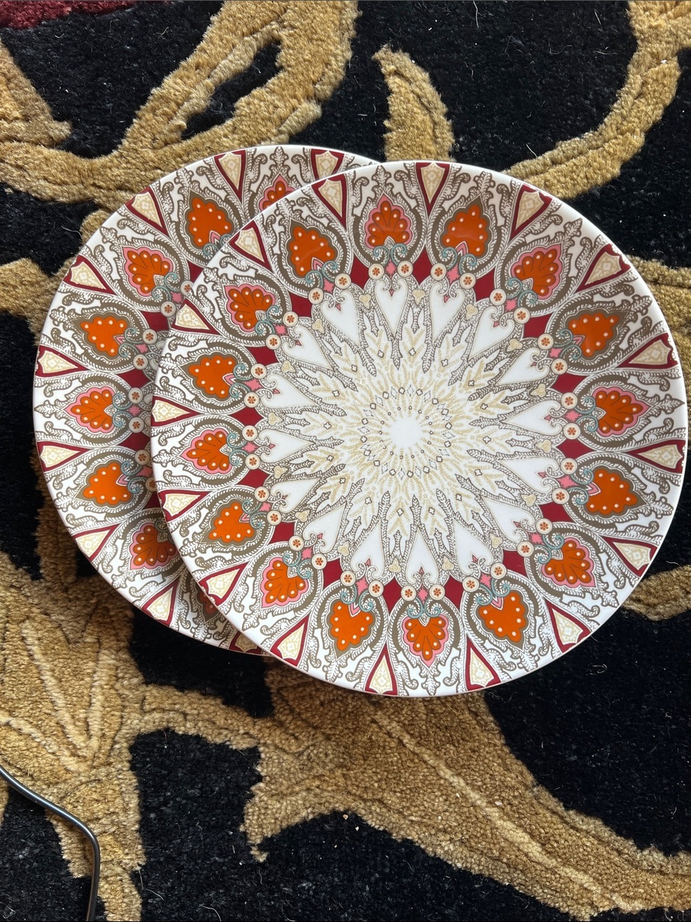 Pottery Barn 2 PAISLEY BROWN 8.75" Salad Plate Mid Century Textile Print. NWT